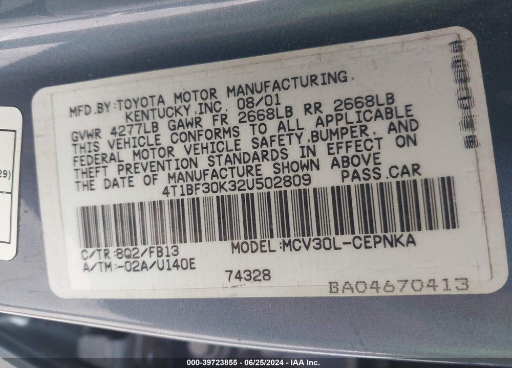 2002 TOYOTA CAMRY LE V6 VIN: 4T1BF30K32U502809
