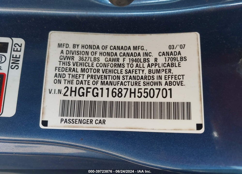 2007 HONDA CIVIC VIN: 2HGFG11687H550701