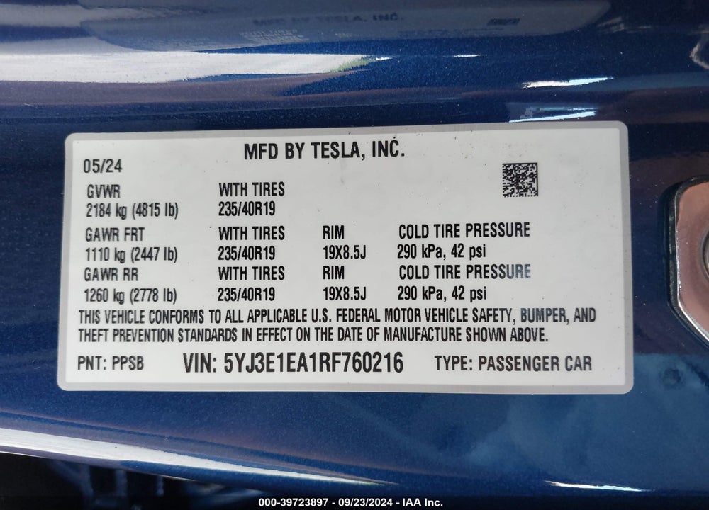 2024 TESLA MODEL 3 REAR-WHEEL DRIVE VIN: 5YJ3E1EA1RF760216