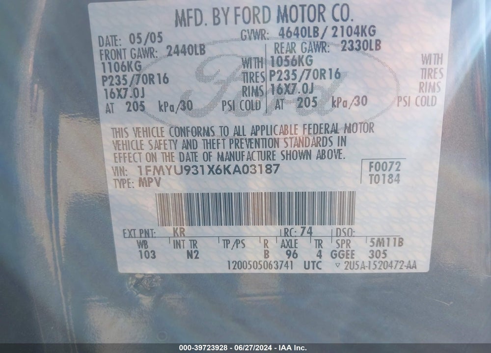 2006 FORD ESCAPE XLT/XLT SPORT VIN: 1FMYU931X6KA03187
