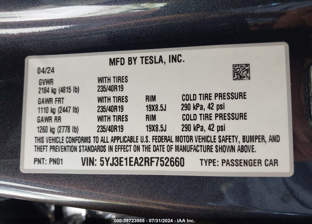 2024 TESLA MODEL 3 REAR-WHEEL DRIVE VIN: 5YJ3E1EA2RF752660