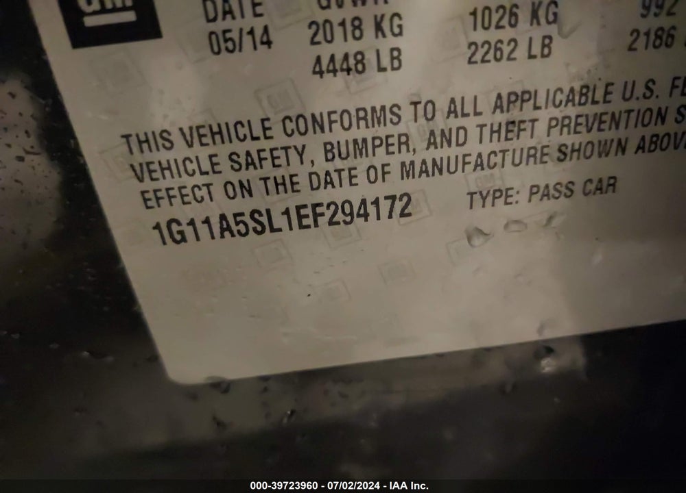 2014 CHEVROLET MALIBU 1FL VIN: 1G11A5SL1EF294172