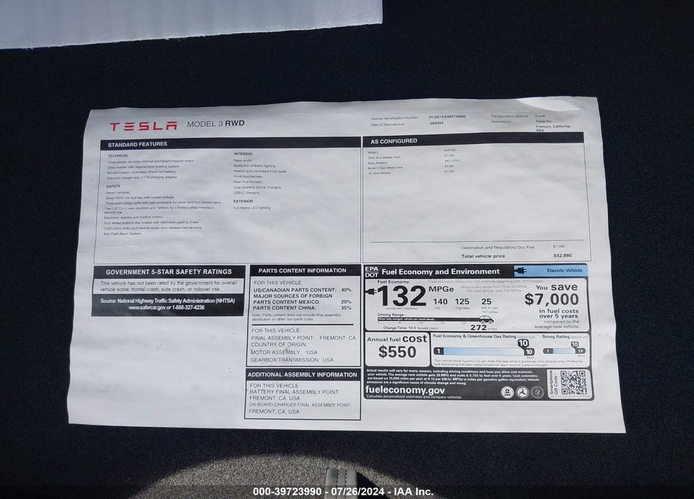 2024 TESLA MODEL 3 REAR-WHEEL DRIVE VIN: 5YJ3E1EA4RF748805
