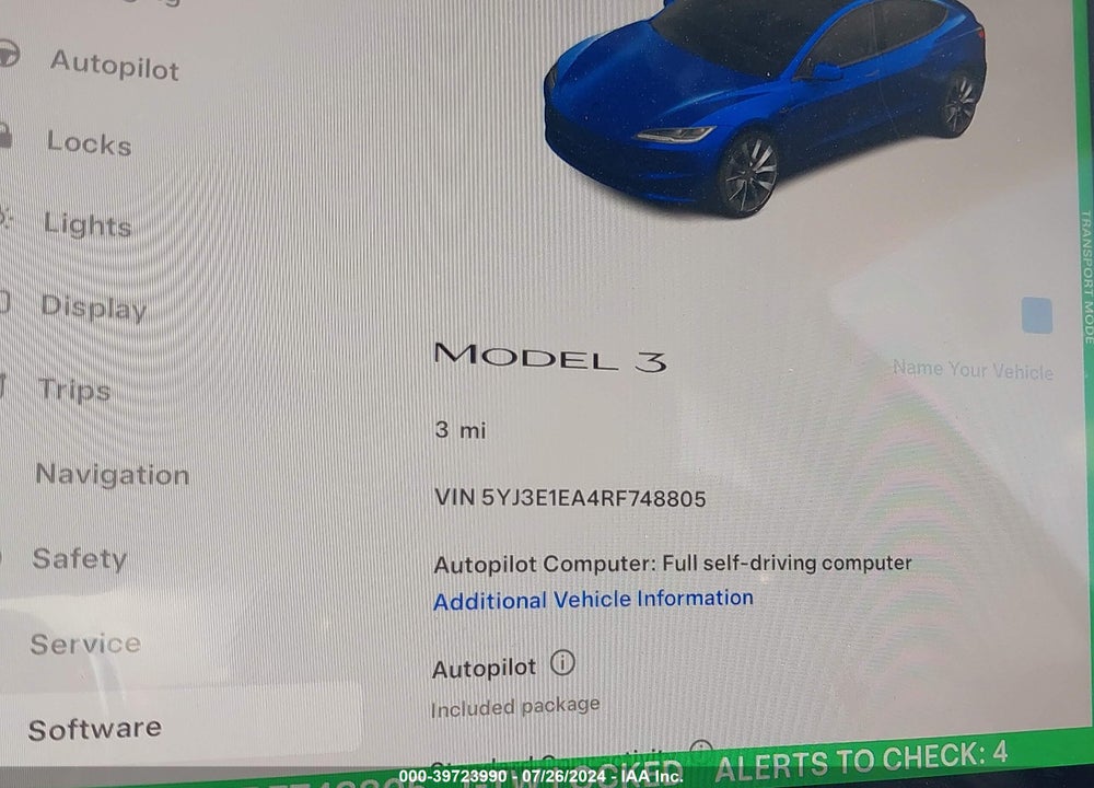 2024 TESLA MODEL 3 REAR-WHEEL DRIVE VIN: 5YJ3E1EA4RF748805