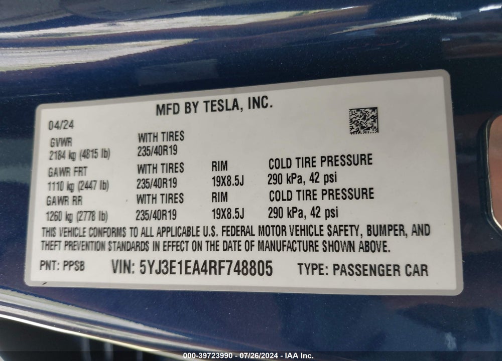 2024 TESLA MODEL 3 REAR-WHEEL DRIVE VIN: 5YJ3E1EA4RF748805