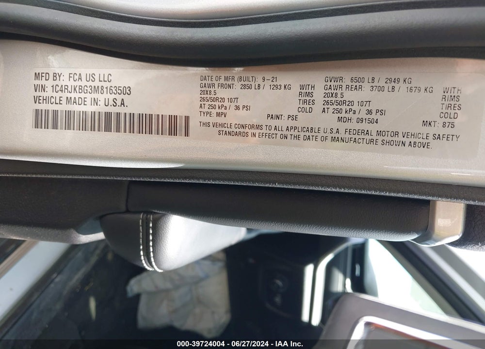 2021 JEEP GRAND CHEROKEE L LIMITED 4X4 VIN: 1C4RJKBG3M8163503