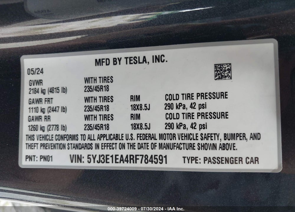 2024 TESLA MODEL 3 REAR-WHEEL DRIVE VIN: 5YJ3E1EA4RF784591