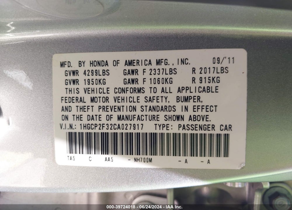 2012 HONDA ACCORD 2.4 LX VIN: 1HGCP2F32CA027917