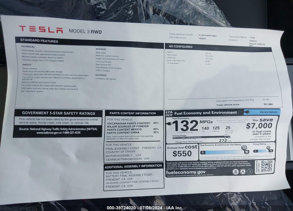 2024 TESLA MODEL 3 REAR-WHEEL DRIVE VIN: 5YJ3E1EA5RF750627