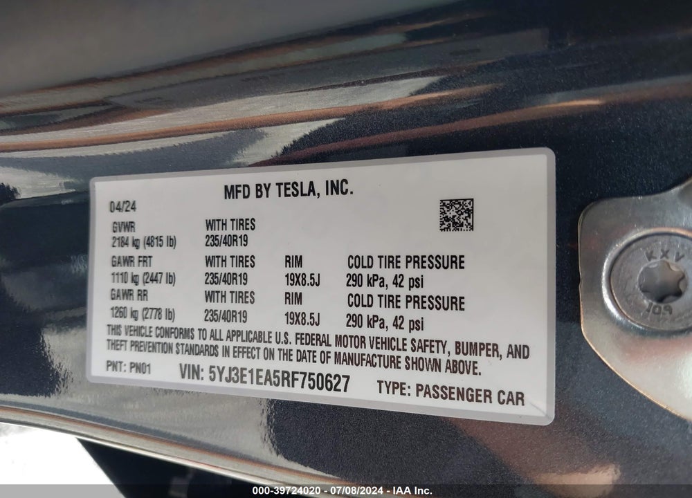 2024 TESLA MODEL 3 REAR-WHEEL DRIVE VIN: 5YJ3E1EA5RF750627