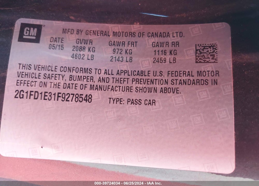 2015 CHEVROLET CAMARO 1LT VIN: 2G1FD1E31F9278548