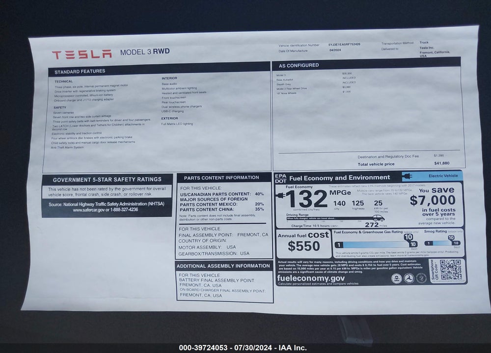 2024 TESLA MODEL 3 REAR-WHEEL DRIVE VIN: 5YJ3E1EA5RF752426