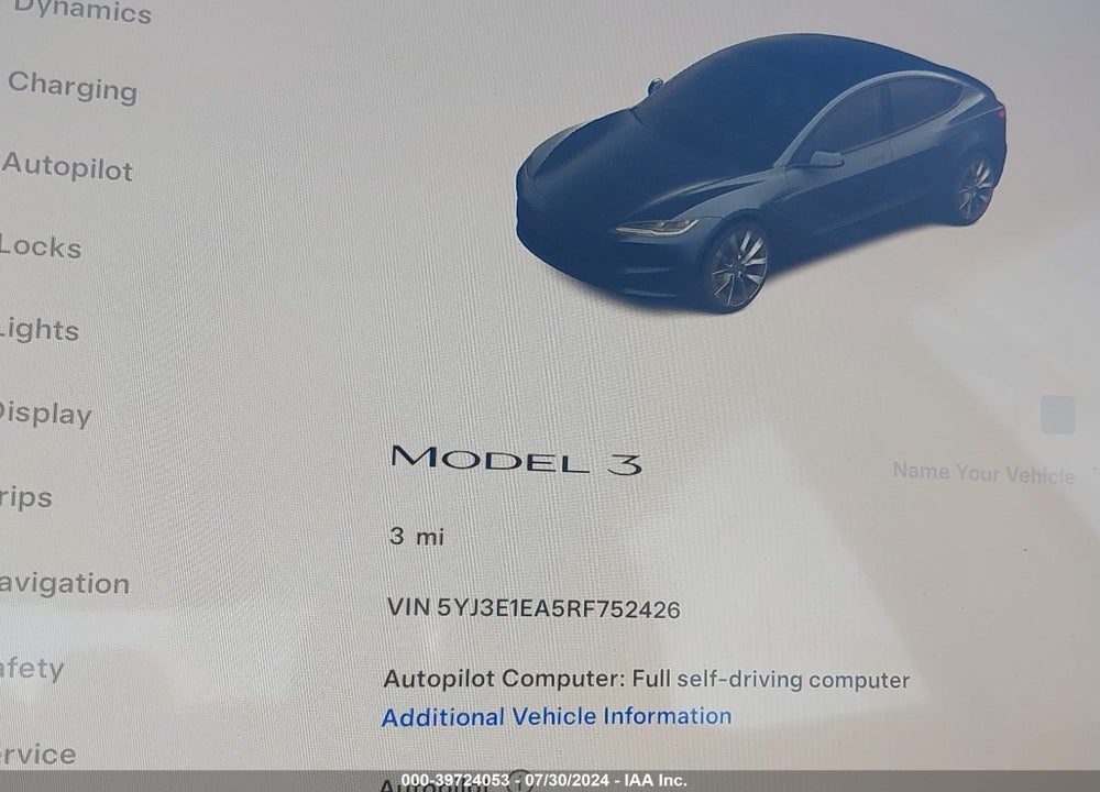 2024 TESLA MODEL 3 REAR-WHEEL DRIVE VIN: 5YJ3E1EA5RF752426
