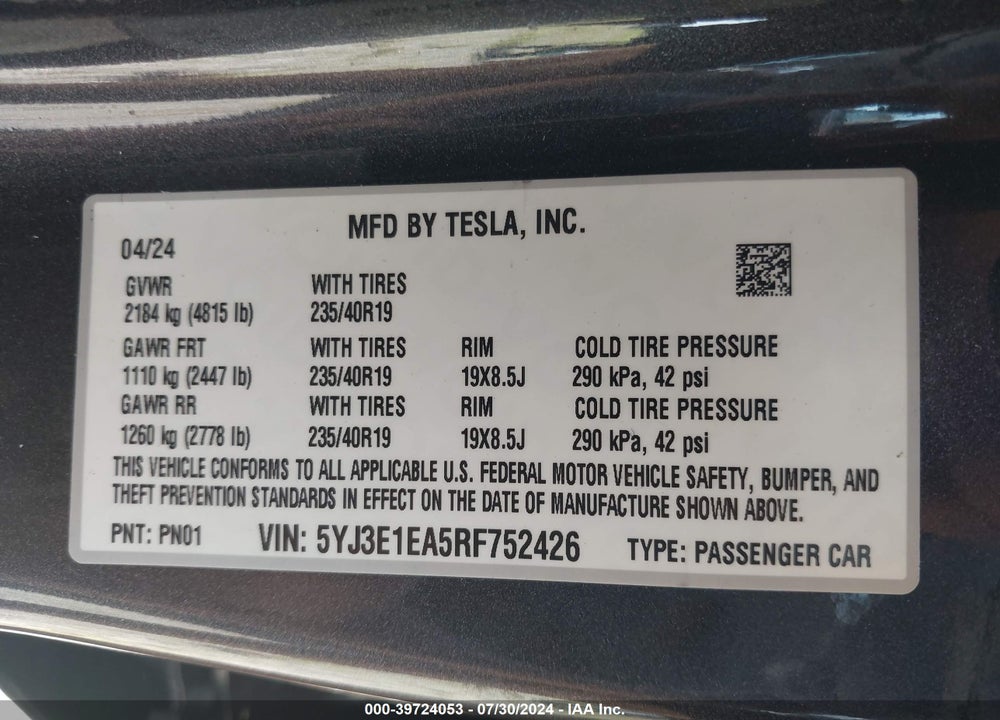 2024 TESLA MODEL 3 REAR-WHEEL DRIVE VIN: 5YJ3E1EA5RF752426
