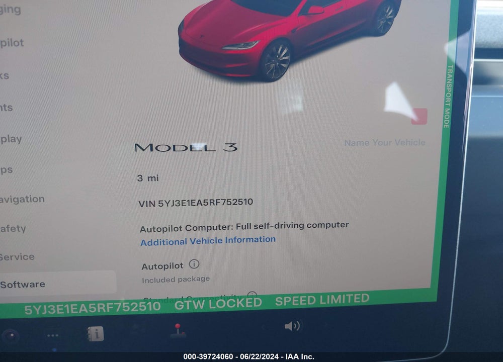 2024 TESLA MODEL 3 REAR-WHEEL DRIVE VIN: 5YJ3E1EA5RF752510