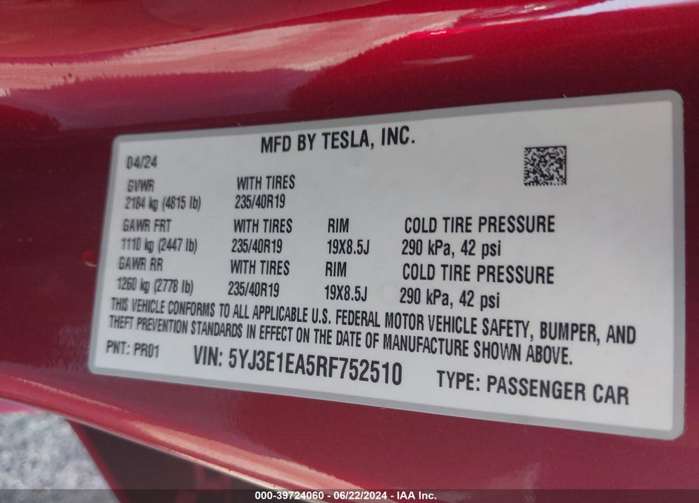 2024 TESLA MODEL 3 REAR-WHEEL DRIVE VIN: 5YJ3E1EA5RF752510