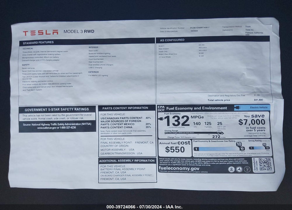 2024 TESLA MODEL 3 REAR-WHEEL DRIVE VIN: 5YJ3E1EA6RF742617