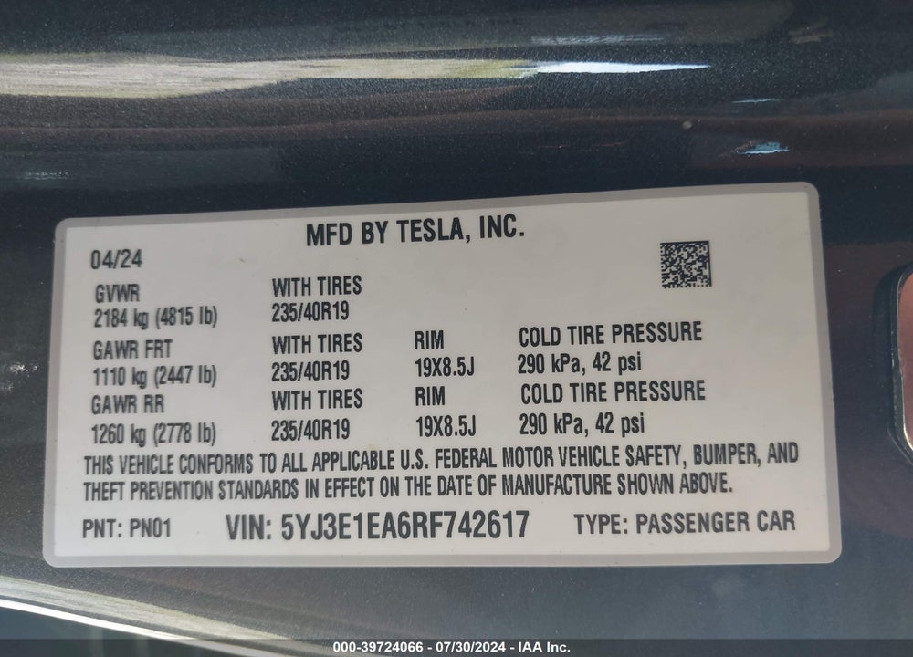 2024 TESLA MODEL 3 REAR-WHEEL DRIVE VIN: 5YJ3E1EA6RF742617