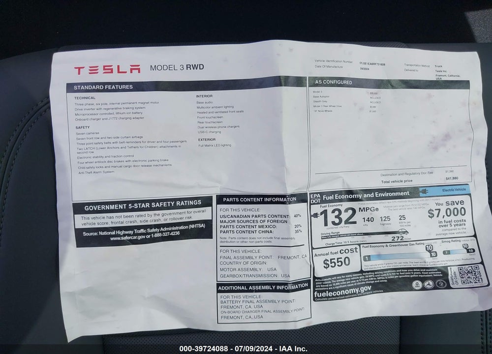 2024 TESLA MODEL 3 REAR-WHEEL DRIVE VIN: 5YJ3E1EA6RF751608