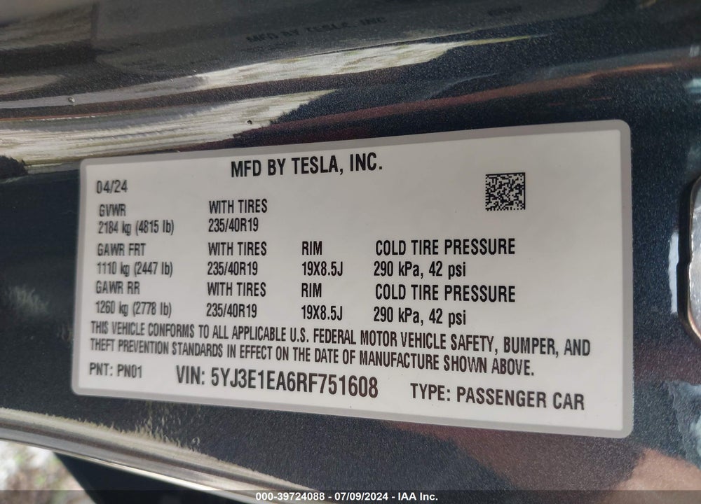 2024 TESLA MODEL 3 REAR-WHEEL DRIVE VIN: 5YJ3E1EA6RF751608