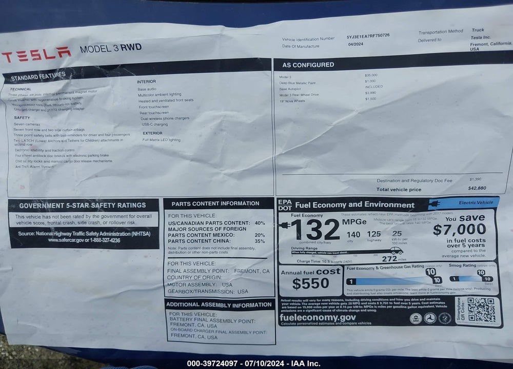 2024 TESLA MODEL 3 REAR-WHEEL DRIVE VIN: 5YJ3E1EA7RF750726