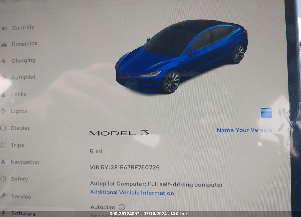 2024 TESLA MODEL 3 REAR-WHEEL DRIVE VIN: 5YJ3E1EA7RF750726