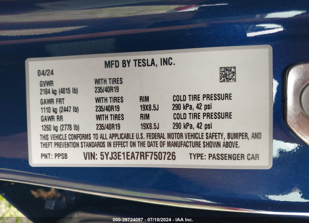 2024 TESLA MODEL 3 REAR-WHEEL DRIVE VIN: 5YJ3E1EA7RF750726