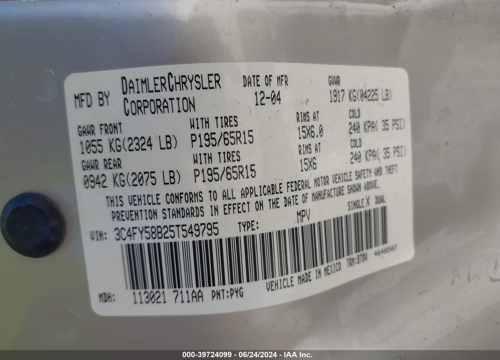 2005 CHRYSLER PT CRUISER TOURING VIN: 3C4FY58B25T549795
