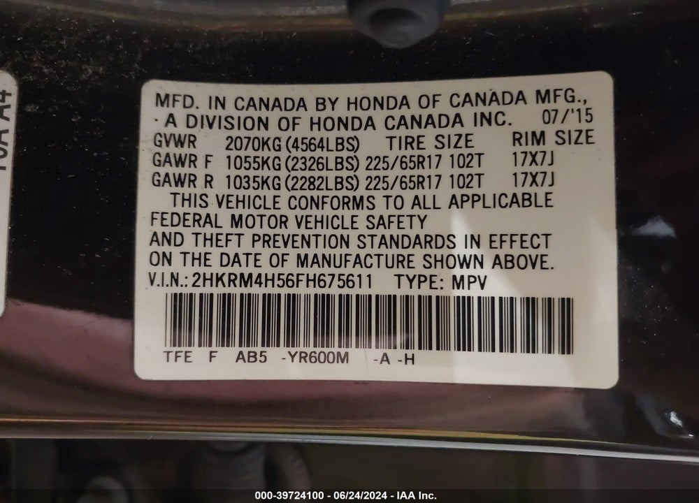 2015 HONDA CR-V EX VIN: 2HKRM4H56FH675611