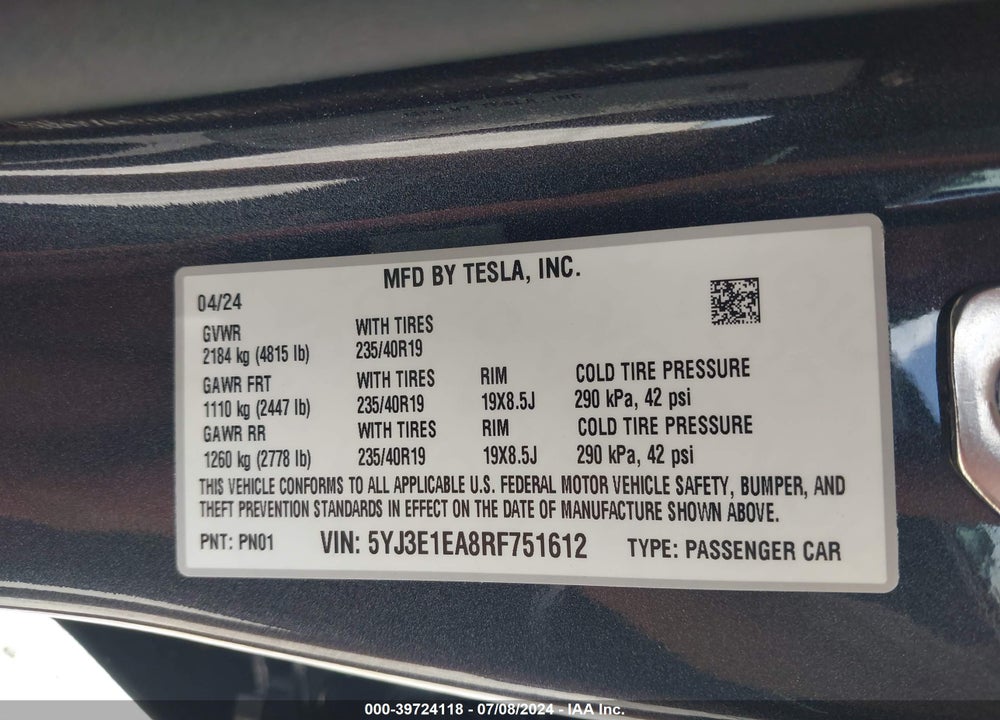 2024 TESLA MODEL 3 REAR-WHEEL DRIVE VIN: 5YJ3E1EA8RF751612