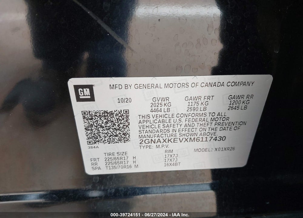 2021 CHEVROLET EQUINOX FWD LT VIN: 2GNAXKEVXM6117430