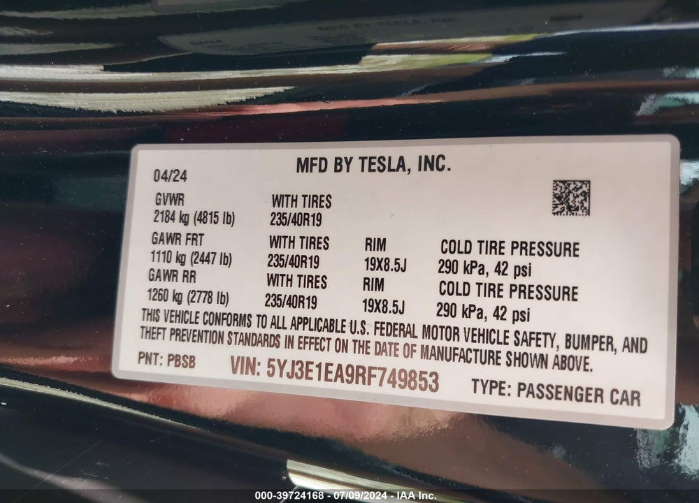 2024 TESLA MODEL 3 REAR-WHEEL DRIVE VIN: 5YJ3E1EA9RF749853