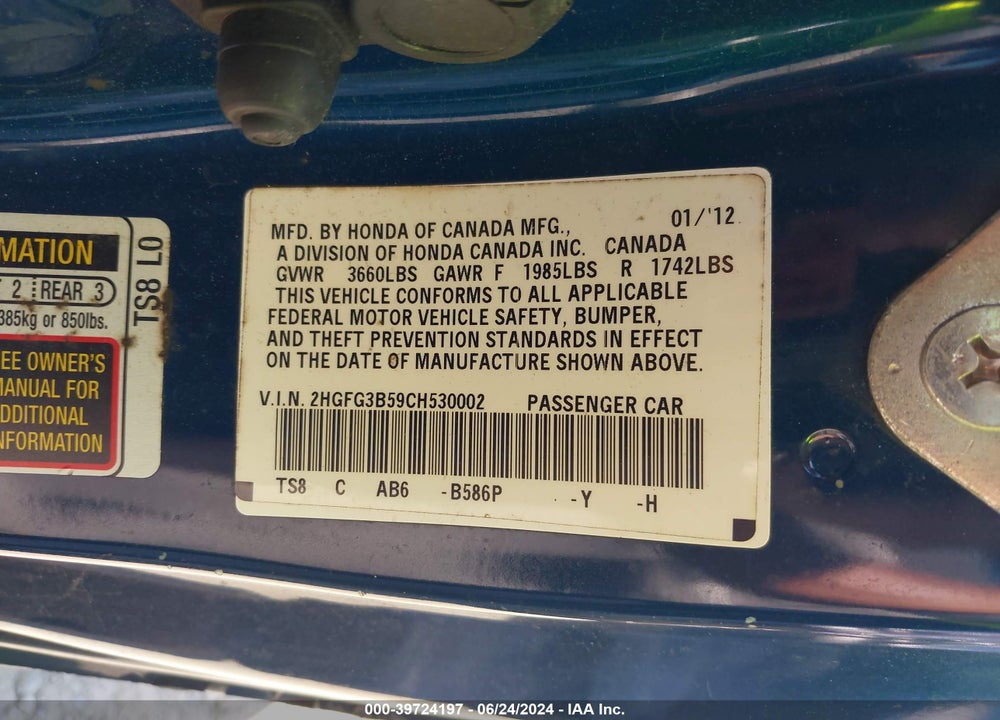 2012 HONDA CIVIC LX VIN: 2HGFG3B59CH530002