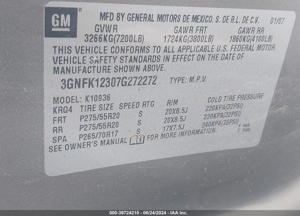 2007 CHEVROLET AVALANCHE 1500 LTZ VIN: 3GNFK12307G272272