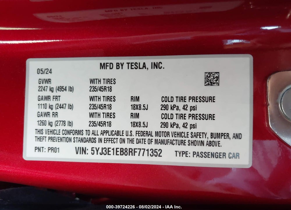2024 TESLA MODEL 3 LONG RANGE DUAL MOTOR ALL-WHEEL DRIVE VIN: 5YJ3E1EB8RF771352