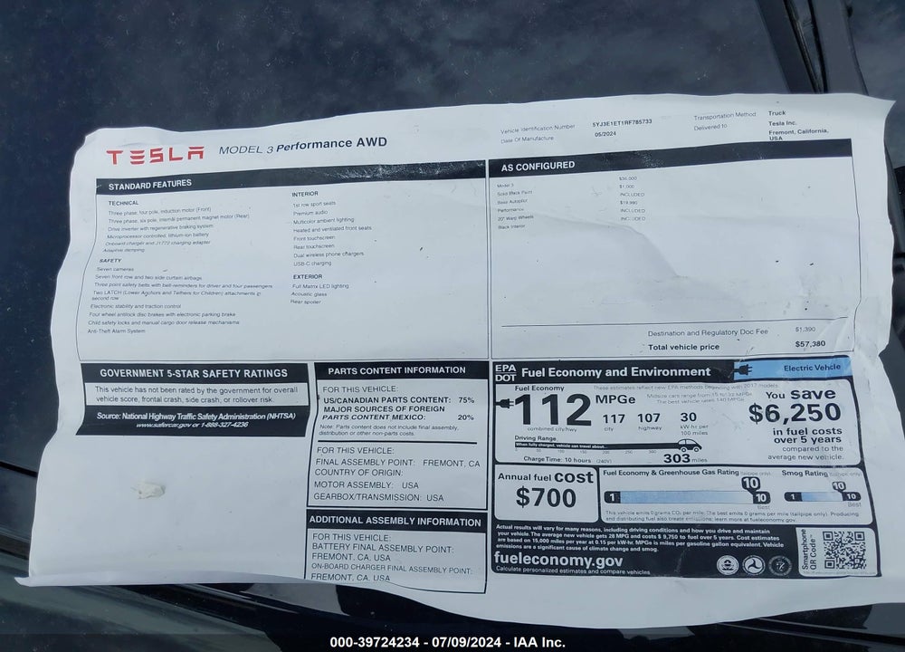 2024 TESLA MODEL 3 VIN: 5YJ3E1ET1RF785733