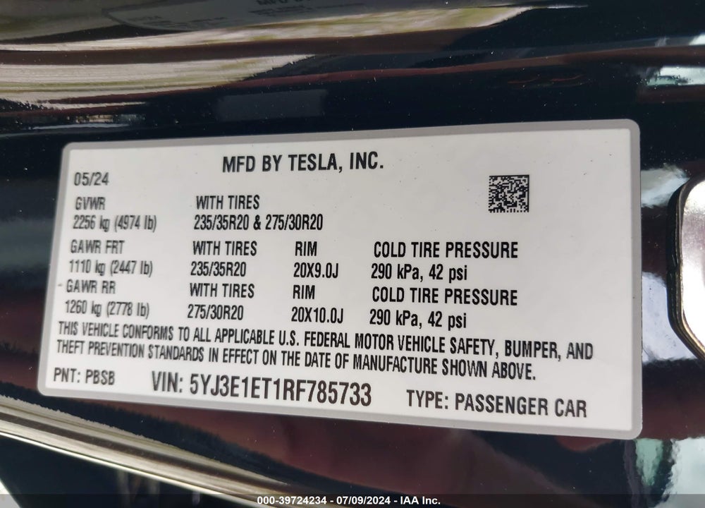 2024 TESLA MODEL 3 VIN: 5YJ3E1ET1RF785733