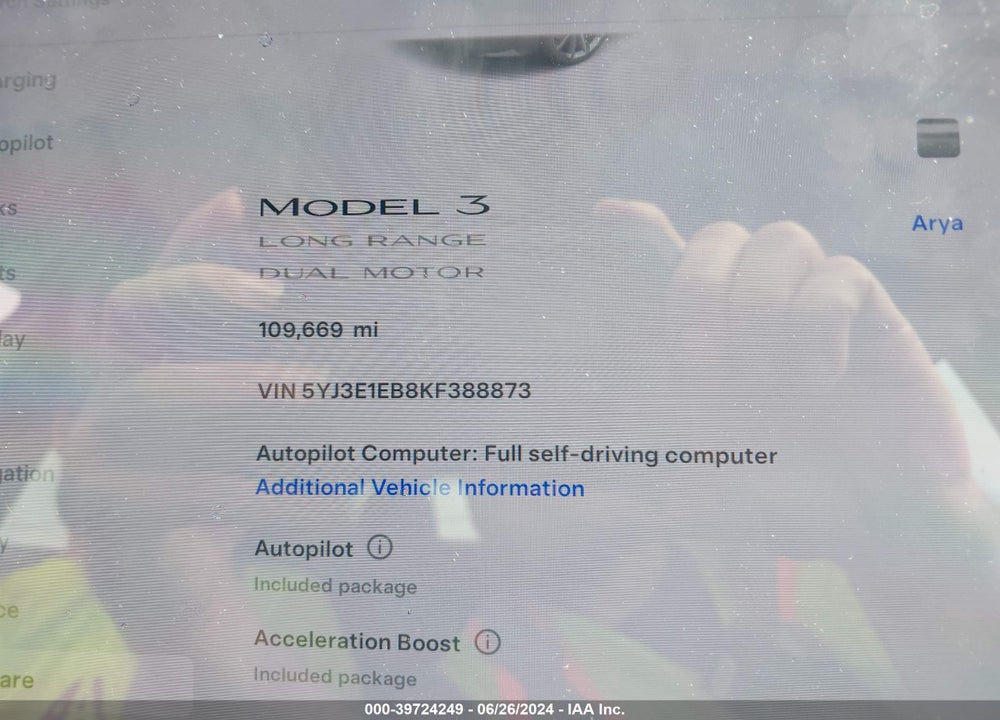 2019 TESLA MODEL 3 LONG RANGE/PERFORMANCE VIN: 5YJ3E1EB8KF388873