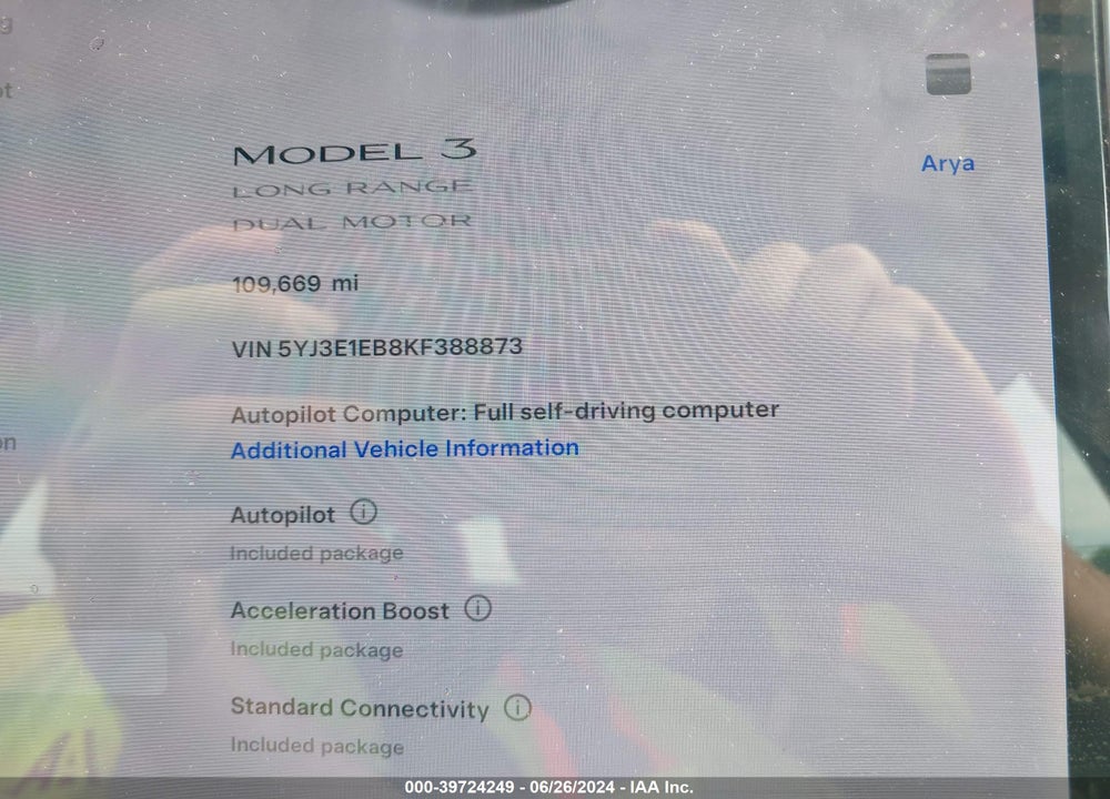 2019 TESLA MODEL 3 LONG RANGE/PERFORMANCE VIN: 5YJ3E1EB8KF388873