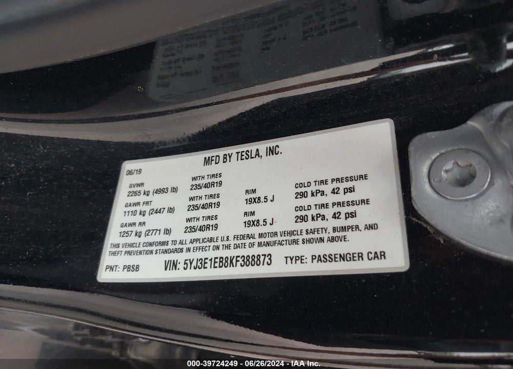 2019 TESLA MODEL 3 LONG RANGE/PERFORMANCE VIN: 5YJ3E1EB8KF388873