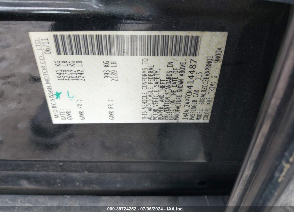 2012 NISSAN ALTIMA 2.5 S VIN: 1N4AL2AP7CN414487