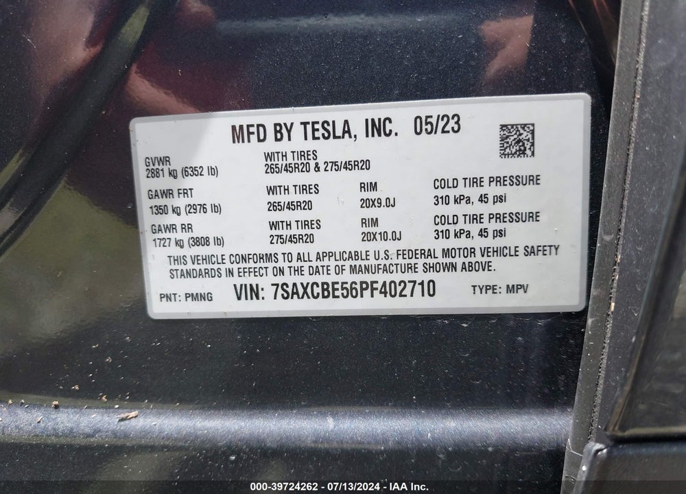 2023 TESLA MODEL X DUAL MOTOR ALL-WHEEL DRIVE/STANDARD RANGE VIN: 7SAXCBE56PF402710