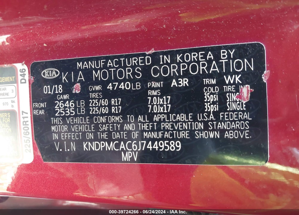 2018 KIA SPORTAGE LX VIN: KNDPMCAC6J7449589