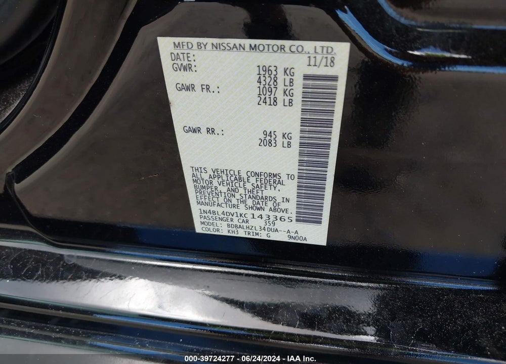 2019 NISSAN ALTIMA VIN: 1N4BL4DV1KC143365