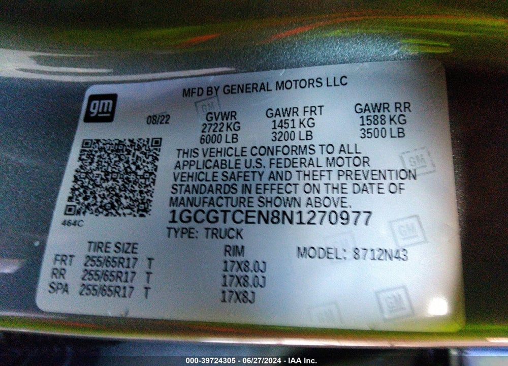 2022 CHEVROLET COLORADO 4WD SHORT BOX LT VIN: 1GCGTCEN8N1270977
