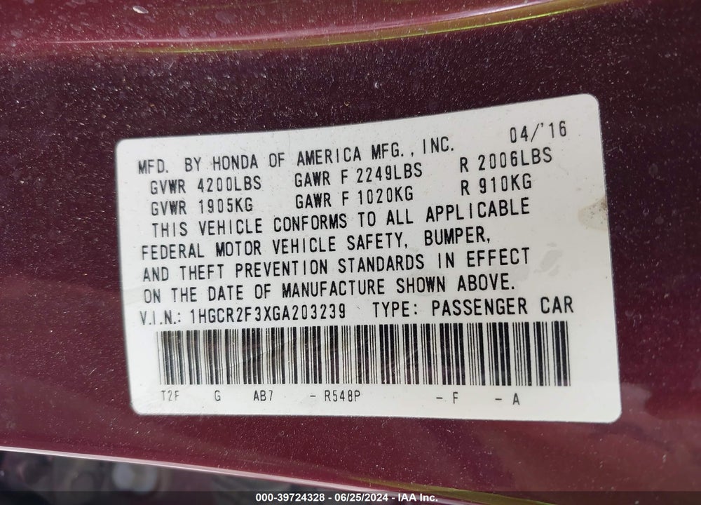 2016 HONDA ACCORD LX VIN: 1HGCR2F3XGA203239