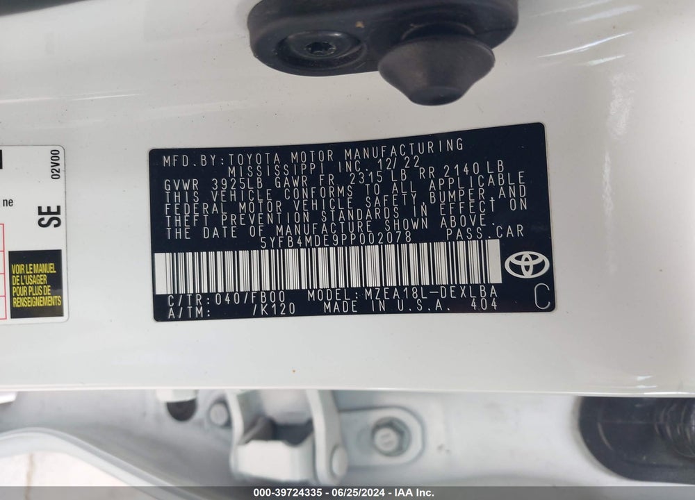 2023 TOYOTA COROLLA LE VIN: 5YFB4MDE9PP002078