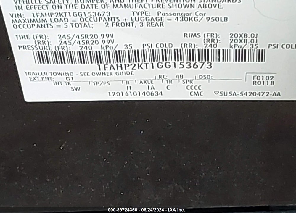 2016 FORD TAURUS SHO VIN: 1FAHP2KT1GG153673