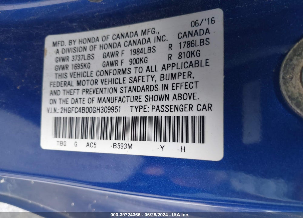 2016 HONDA CIVIC LX-P VIN: 2HGFC4B00GH309951
