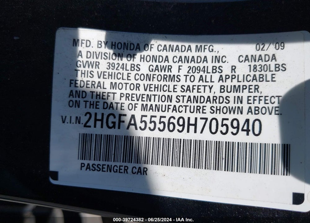 2009 HONDA CIVIC SI VIN: 2HGFA55569H705940